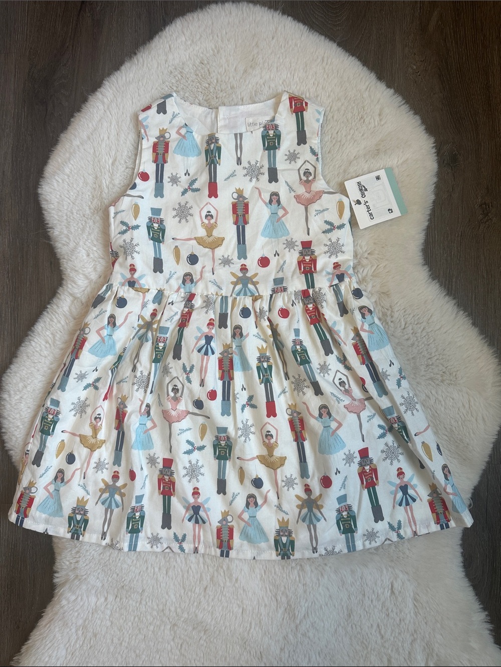 Holiday Nutcracker Print Girls Dress - White with Red, Blue, Gold 4T